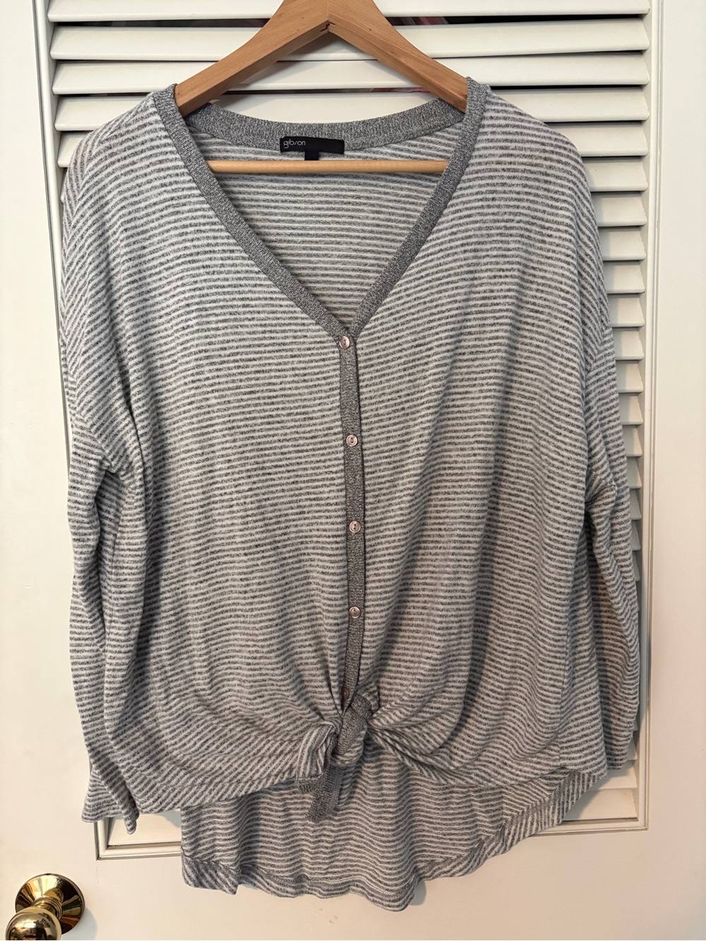 Gibson Gray Striped Button-Front Tie Hem Top